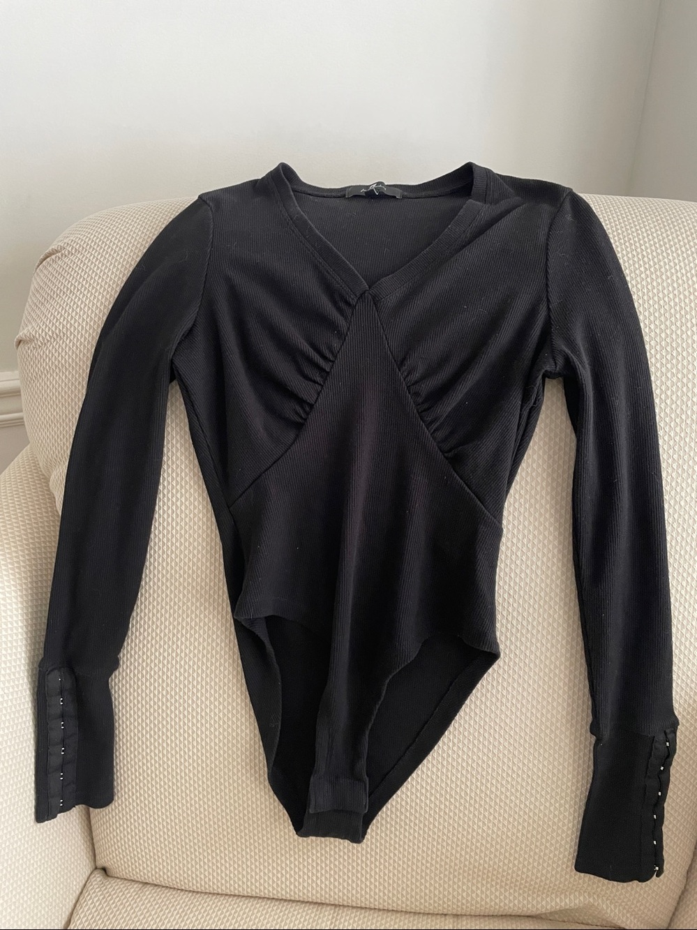7 For All Mankind Black Asymmetric Wrap Ribbed Bodysuit